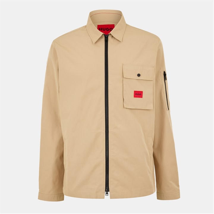 Hugo Men's Beige Emmond Cotton Long Sleeve Zip Overshirt - Contemporary Design With Logo Detail in Size M, Sports Direct