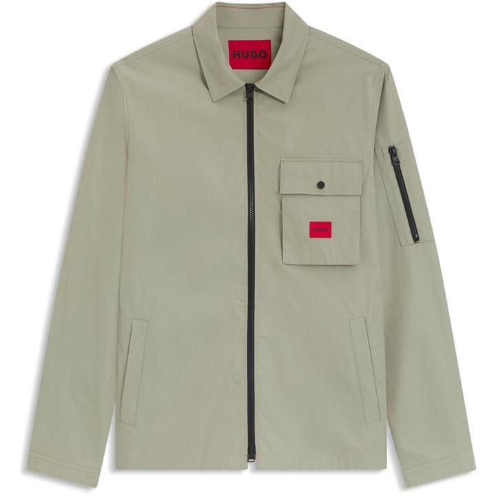 Hugo Men's Green Emmond Cotton Long Sleeve Zip Overshirt - Contemporary Design With Logo Detail in Size M, Sports Direct