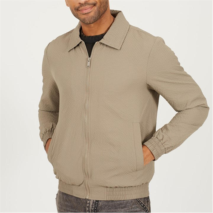 Brave Soul Men's Beige Taupe Seersucker Long Sleeve Harrington Jacket in Size L, Sports Direct