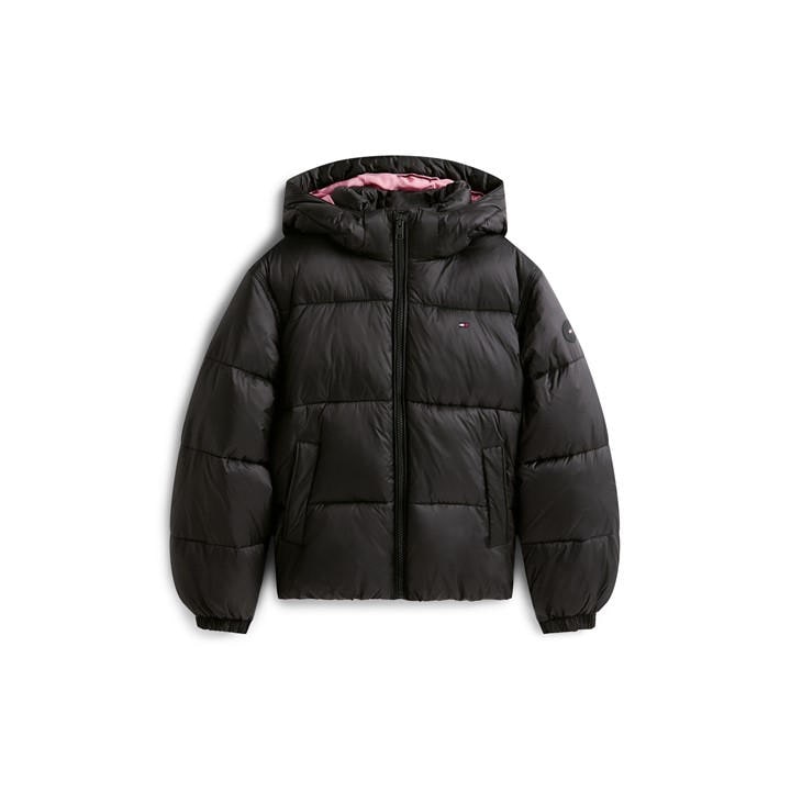 Tommy Hilfiger Girls Black Kids' Shiny Water-Resistant Insulated Short Puffer Jacket in Size 14 - 16 Years, Sports Direct