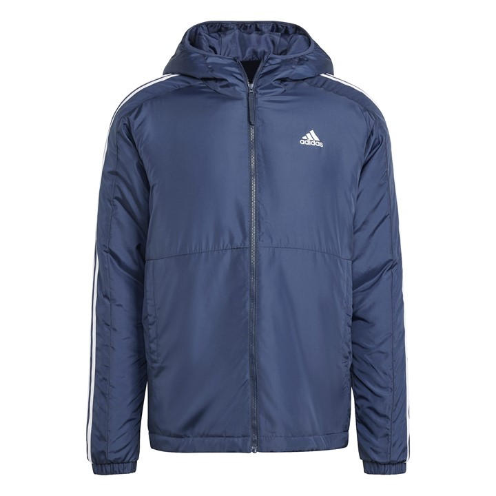Adidas Men's Blue 3 Stripe Essential Waterproof Wind Resistant Long Sleeve Puffer Jacket in Size XS, Sports Direct
