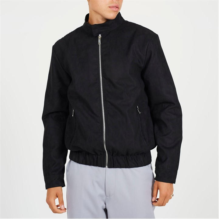 Brave Soul Men's Black Faux Suede Funnel Neck Long Sleeve Bomber Jacket in Size XL, Sports Direct