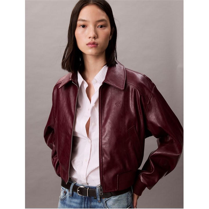 Calvin Klein Jeans Women's Red Cropped Faux Leather Jacket in Size 14, Sports Direct
