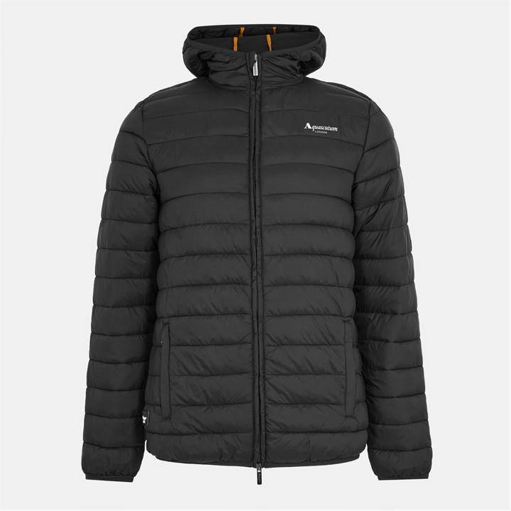 Aquascutum Men's Black Hooded Hip Length Long Sleeve Medium Puffer Jacket in Size XL, Sports Direct