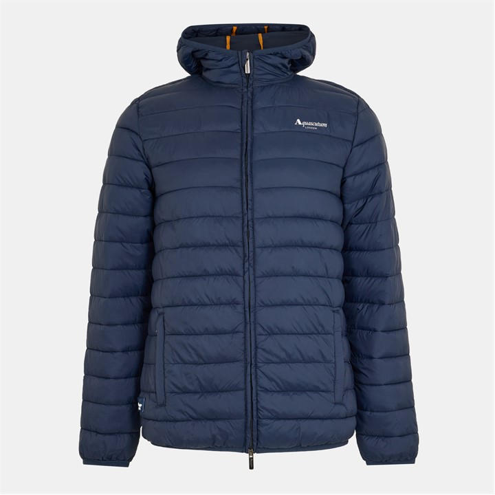 Aquascutum Men' Blue Hooded Hip Length Long Sleeve Medium Puffer Jacket in Size S, Sports Direct