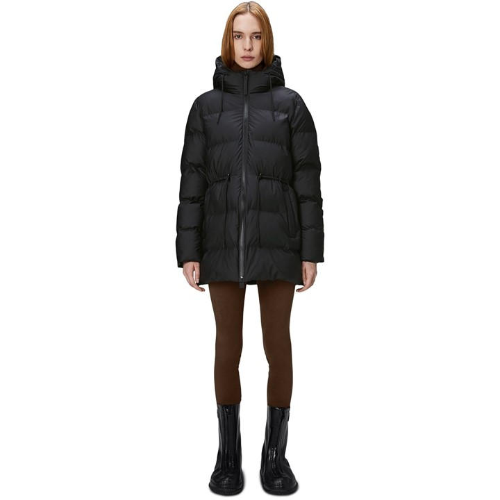 Rains Women's Black Alta Water-Resistant Insulated Long Puffer Jacket in Size 14, Sports Direct