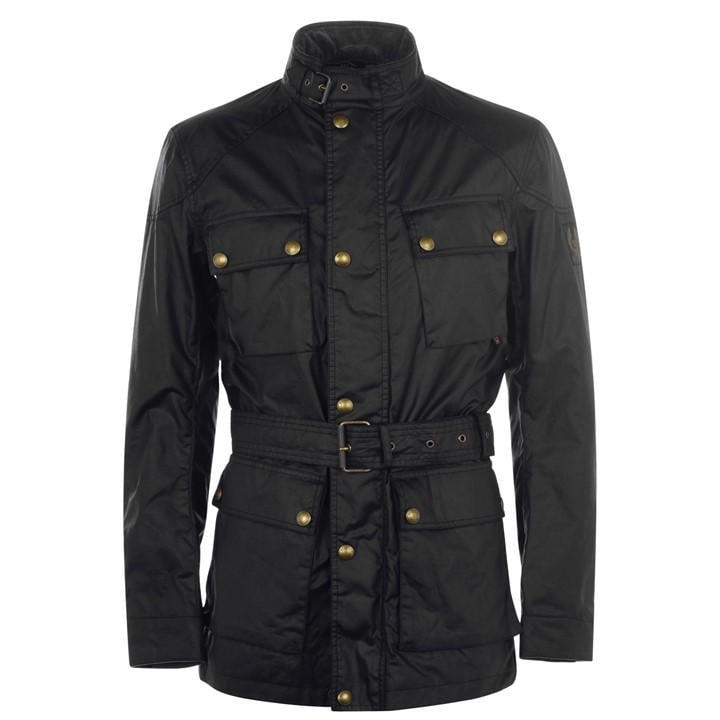 Belstaff Men's Black Trialmaster Water And Wind Resistant Waxed Cotton Long Sleeve Wax Jacket in Size L, Sports Direct