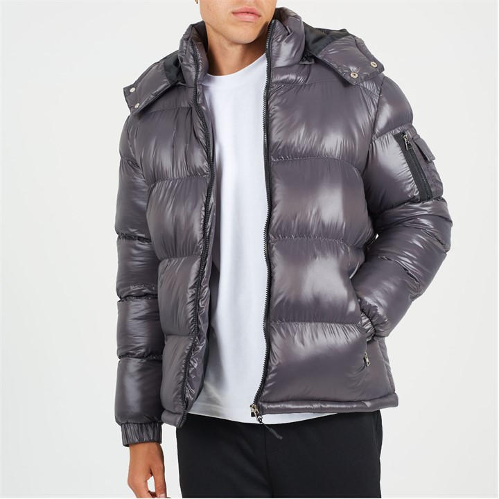 Brave Soul Men's Grey Funnel Neck Puffer Jacket With Removable Hood. in Size XL, Sports Direct