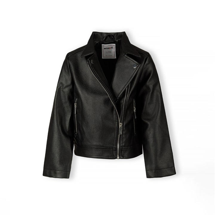 Minoti Girls Black Biker Jacket With Silver Zip