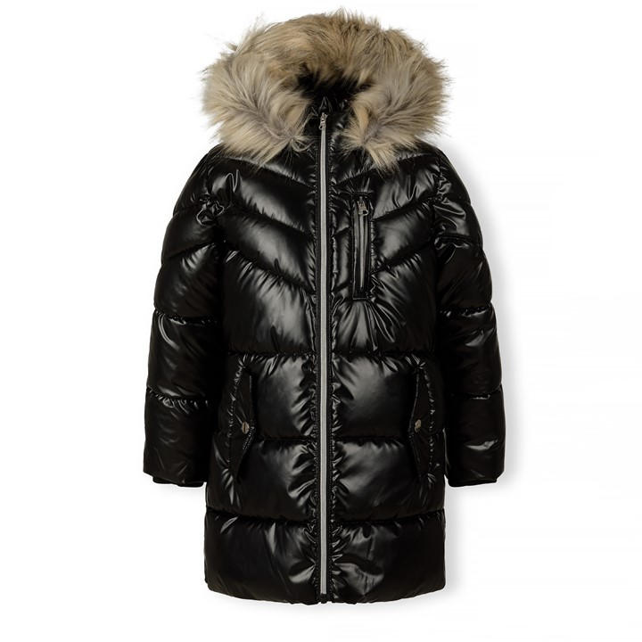 Minoti Girls Black Winter Coat With Detachable Faux Fur
