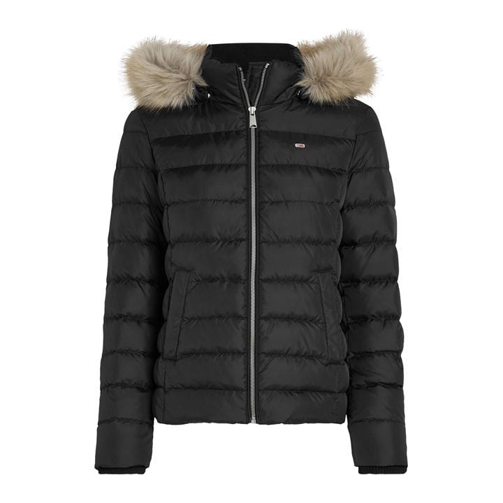Tommy Jeans Women's Black Essential Quilted Wind Resistant Faux Fur Hood Rds Down Short Puffer Jacket in Size 6, Sports Direct