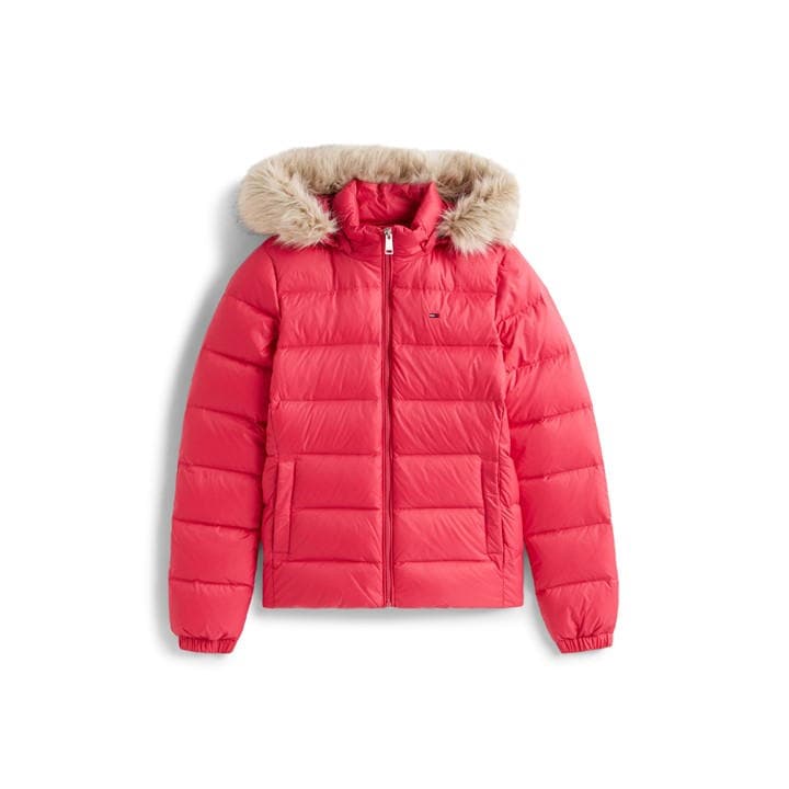 Tommy Jeans Women's Pink Essential Quilted Wind Resistant Faux Fur Hood Rds Down Short Puffer Jacket in Size 12, Sports Direct