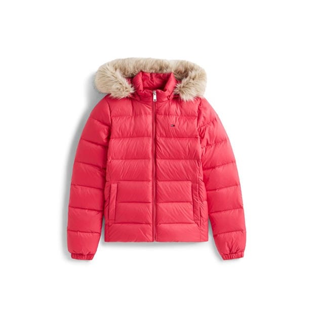 Vintage Cerise - Tommy Jeans - Women's Essential Quilted Wind Resistant Faux Fur Hood RDS Down Short Puffer Jacket