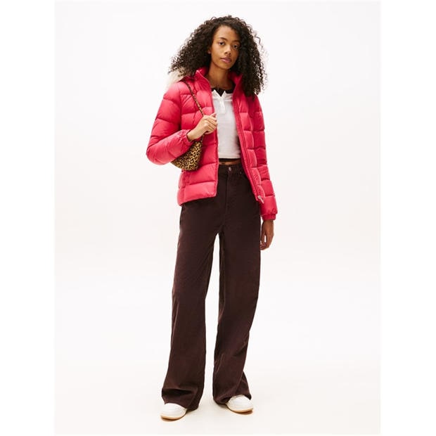 Vintage Cerise - Tommy Jeans - Women's Essential Quilted Wind Resistant Faux Fur Hood RDS Down Short Puffer Jacket