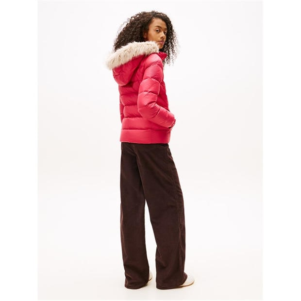 Vintage Cerise - Tommy Jeans - Women's Essential Quilted Wind Resistant Faux Fur Hood RDS Down Short Puffer Jacket