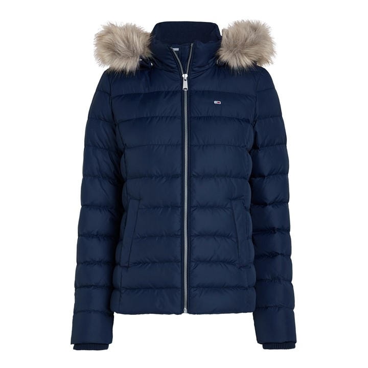 Tommy Jeans Women's Blue Essential Quilted Wind Resistant Faux Fur Hood Rds Down Short Puffer Jacket in Size 14, Sports Direct