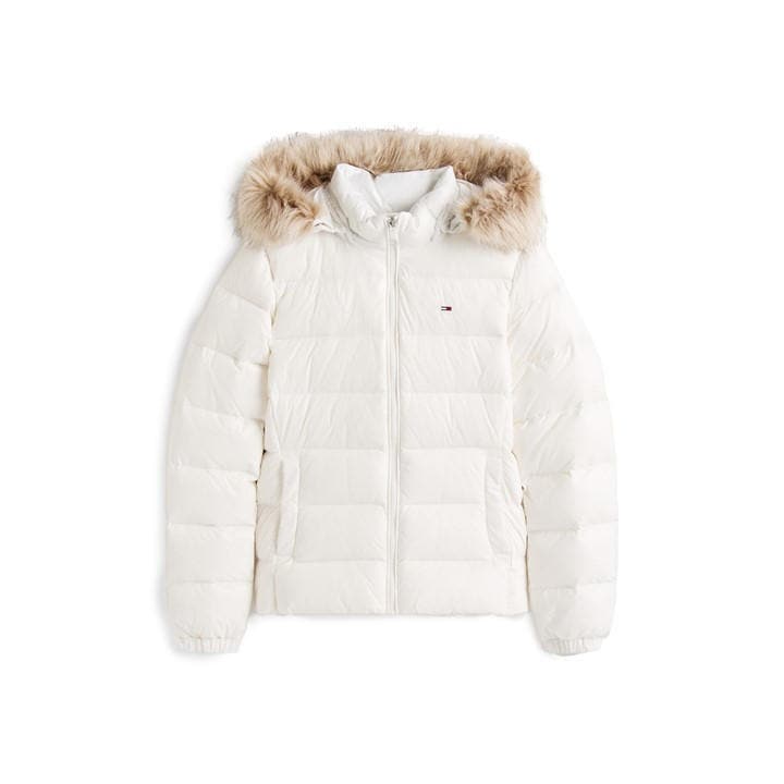 Tommy Jeans Women's Cream Essential Quilted Wind Resistant Faux Fur Hood Rds Down Short Puffer Jacket in Size 12, Sports Direct