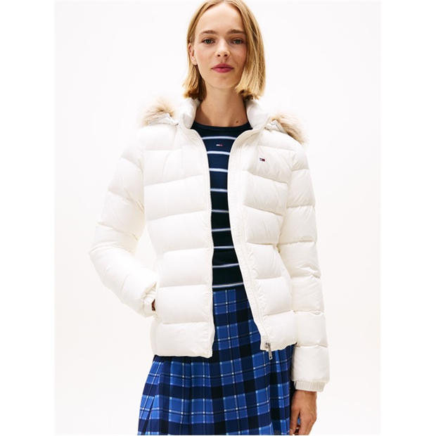 Ecru - Tommy Jeans - Women's Essential Quilted Wind Resistant Faux Fur Hood RDS Down Short Puffer Jacket