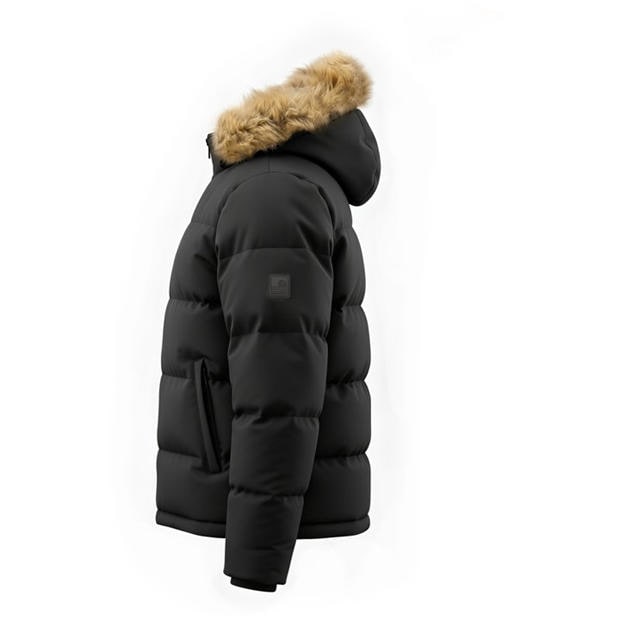 Black - SoulCal - Mens 2 Zip Bubble Faux Fur Trim Fleece Lined Short Puffer Jacket