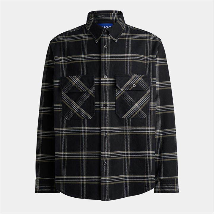 Hugo Men's Black Oversized Check Cotton Long Sleeve Overshirt in Size XL, Sports Direct