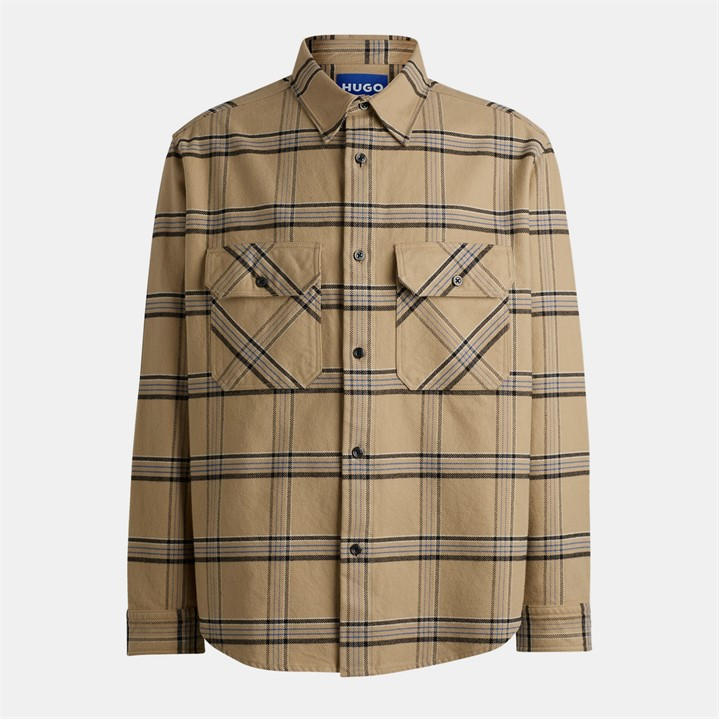 Hugo Men's Beige Oversized Check Cotton Long Sleeve Overshirt in Size M, Sports Direct