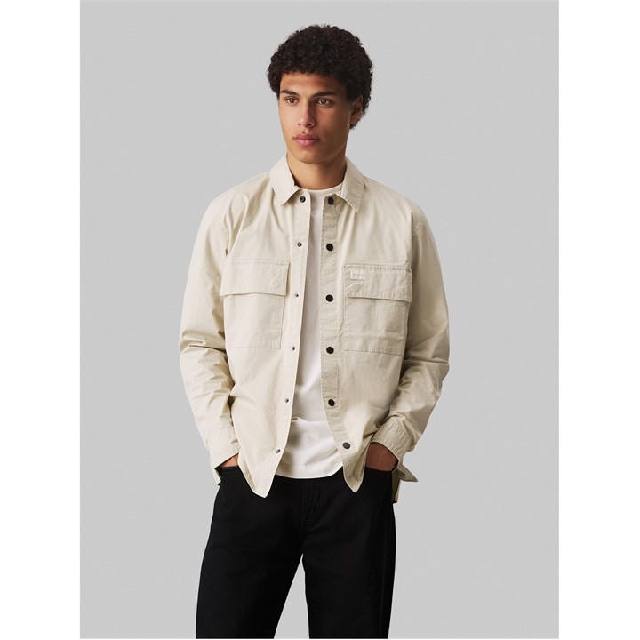 Calvin Klein Jeans Men' Cream Cargo Cotton Long Sleeve Relaxed Fit Overshirt in Size S, Sports Direct