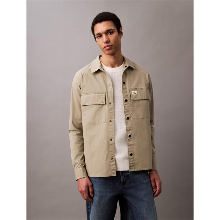 Calvin Klein Jeans Men's Beige Cargo Cotton Long Sleeve Relaxed Fit Overshirt in Size L, Sports Direct