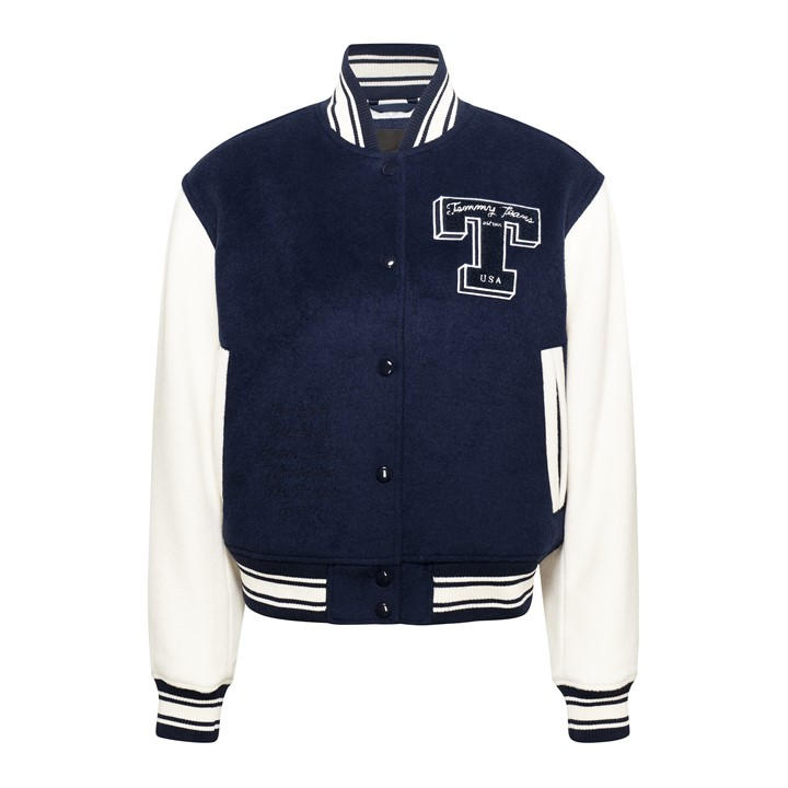 Tommy Jeans Women's Blue Letterman Wool Long Sleeve Varsity Jacket in Size 8, Sports Direct