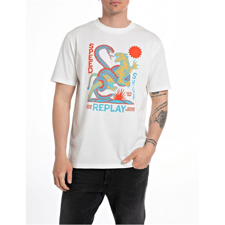 Replay Men's White Tiger Snake Regular Fit T-Shirt in Size L, Sports Direct