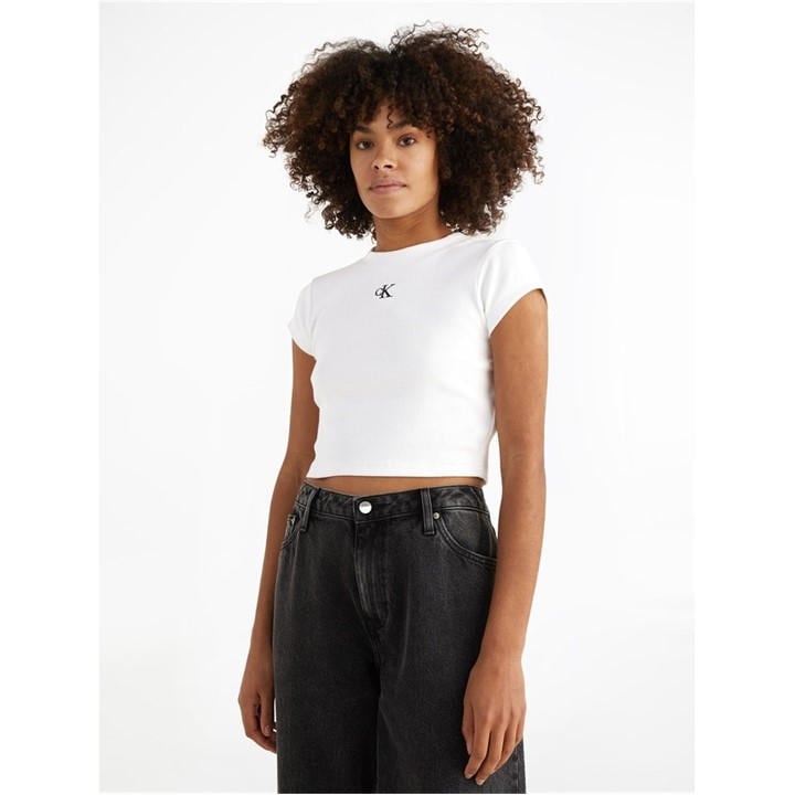 Calvin Klein Jeans Women's White Mono Rib Cropped T Shirt in Size 18, Sports Direct