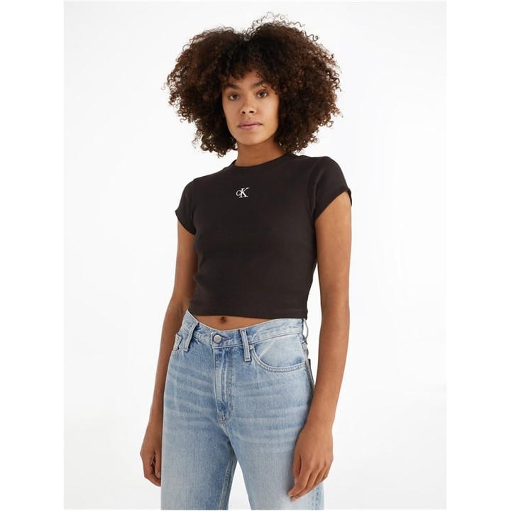 Calvin Klein Jeans Women's Black Mono Rib Cropped T Shirt in Size 10, Sports Direct