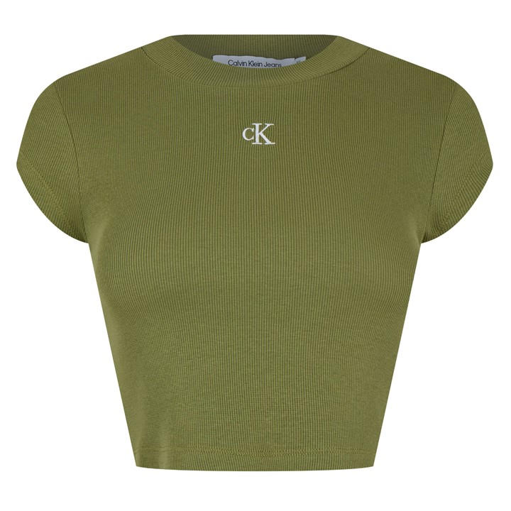 Calvin Klein Jeans Women's Green Mono Rib Cropped T Shirt in Size 16, Sports Direct