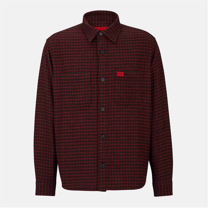 Hugo Men's Red Oversized Checked Flannel Cotton Long Sleeve Overshirt in Size M, Sports Direct