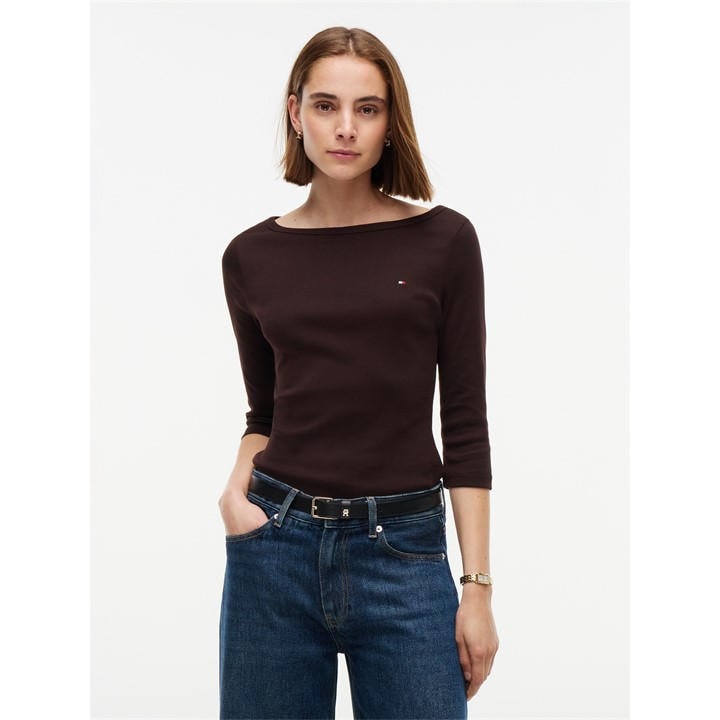 Tommy Hilfiger Women's Brown Cody Slim Boat Neck Long-Sleeve T-Shirt in Size 12, Sports Direct