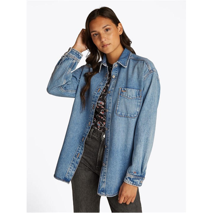 Tommy Jeans Women's Blue Denim Long Sleeve Relaxed Fit Shirt in Size 10, Sports Direct