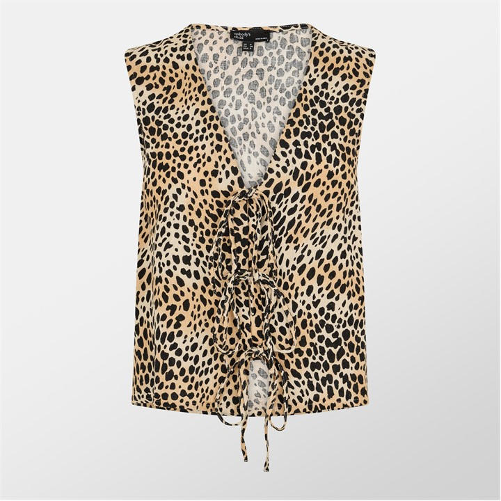 Nobodys  Women's Beige Leopard Print Tie Front Tessa Top in Size 8, Sports Direct