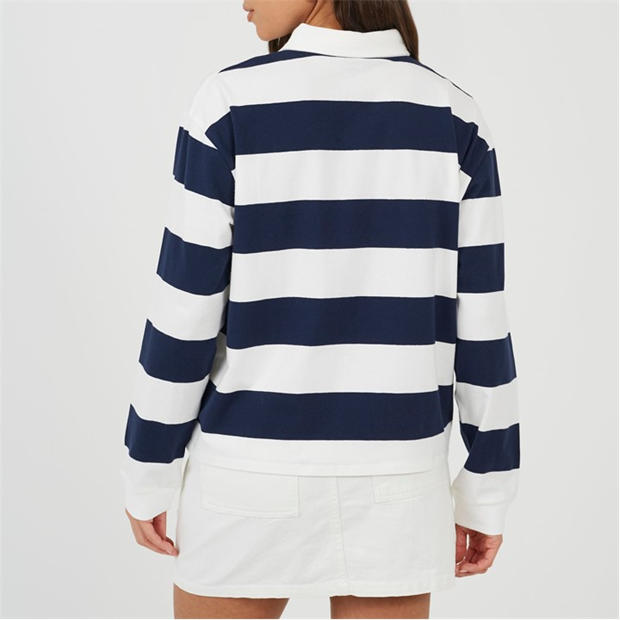 Navy/Cream - Brave Soul - BS Womens Rugby Style Long Sleeve Top with Stripe