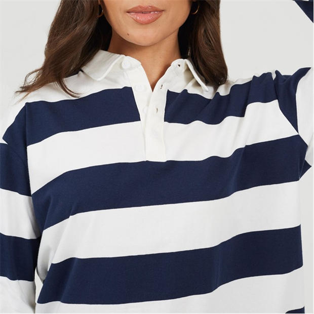Navy/Cream - Brave Soul - BS Womens Rugby Style Long Sleeve Top with Stripe