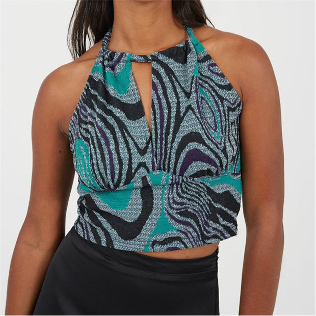 Black/Green - Brave Soul - Womens Halter Neck Jacquard top