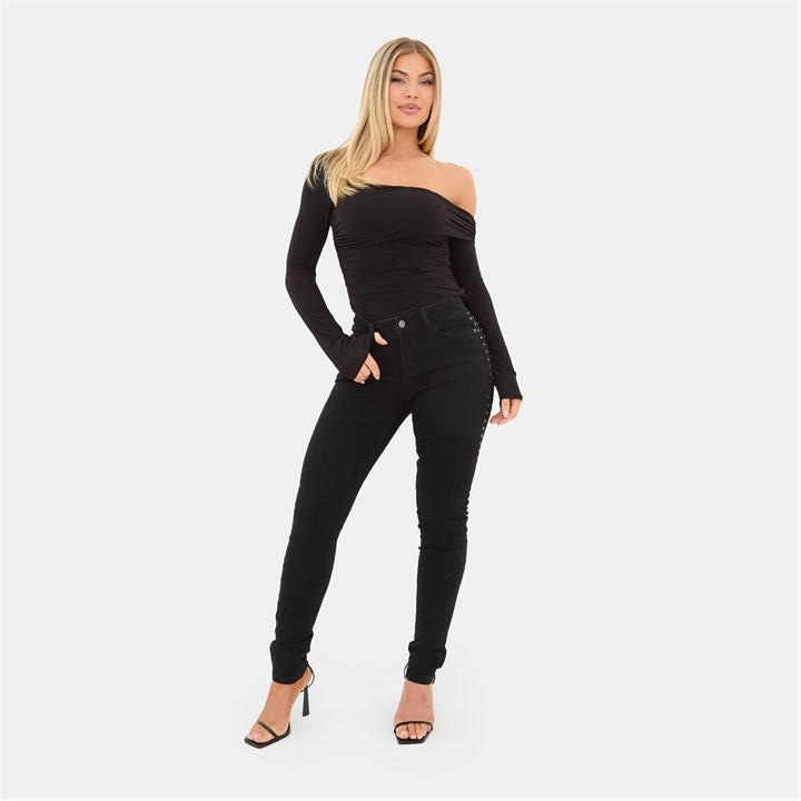 I Saw It First Women's Black Side Studded High Waisted Cotton Skinny Jeans in Size 12, Sports Direct