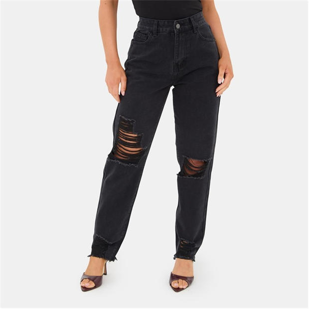 Black - I Saw It First - Womens High Waisted Distressed Cotton Straight Leg Jeans