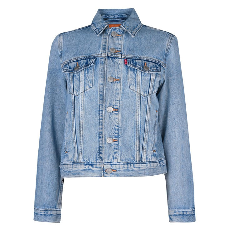 Levis Women's Blue Ex-Boyfriend Trucker Cotton Long Sleeve Point Collar Denim Jacket in Size 8, Sports Direct