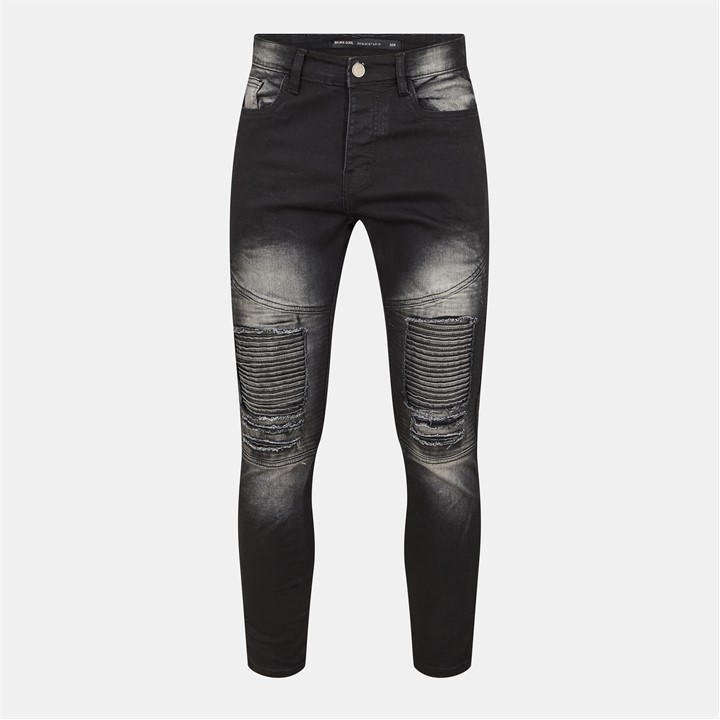 Brave Soul Men's Grey Charcoal Wash Biker Jeans With Distressed Details in Size 32 R, Sports Direct
