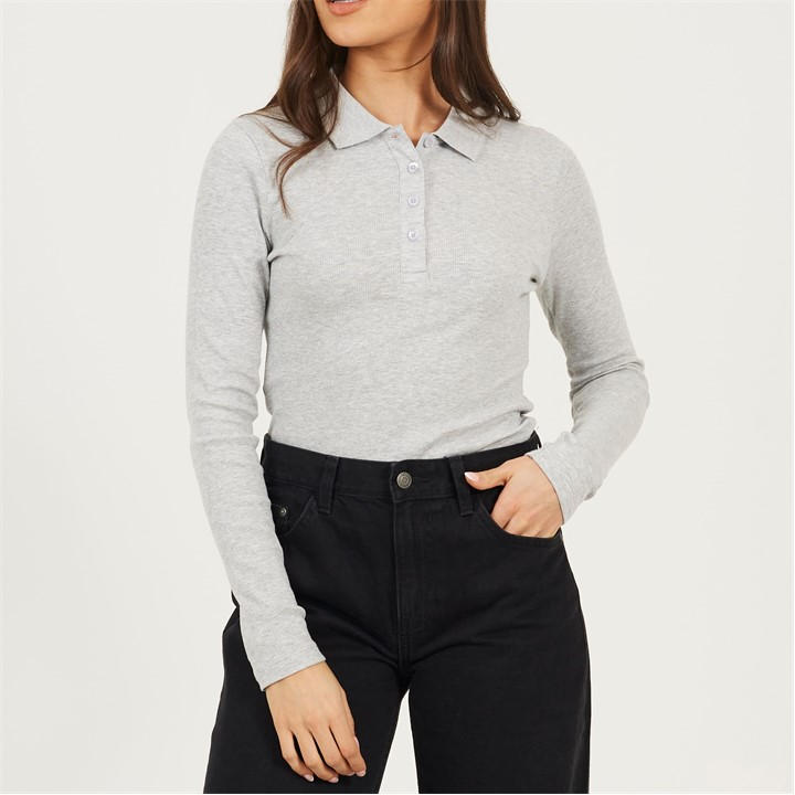 Brave Soul Women's Grey Bs Long Sleeve Ribbed Top With Collar in Size 8, Sports Direct