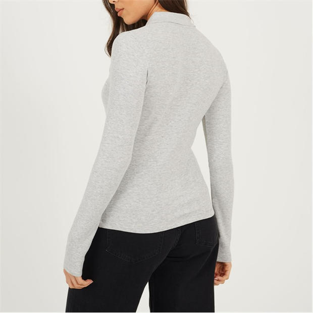Grey Marl - Brave Soul - BS Womens Long Sleeve Ribbed Top with Collar