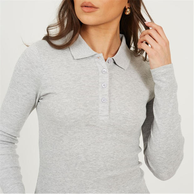 Grey Marl - Brave Soul - BS Womens Long Sleeve Ribbed Top with Collar
