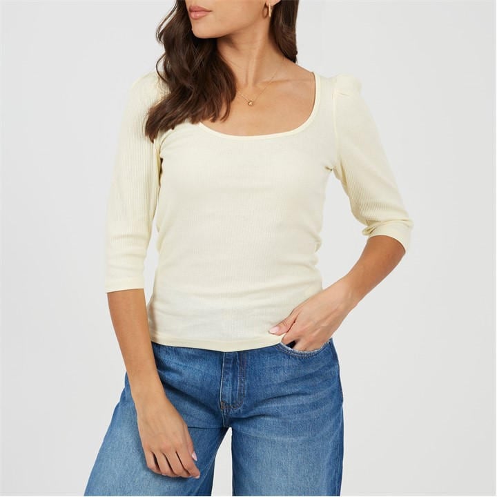 Brave Soul Women's Cream Puff Sleeve Square Neck Top in Size 8, Sports Direct