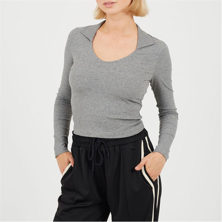 Brave Soul Women's Grey Bs Long Sleeve Scoop Neck Top With Collar in Size 8, Sports Direct