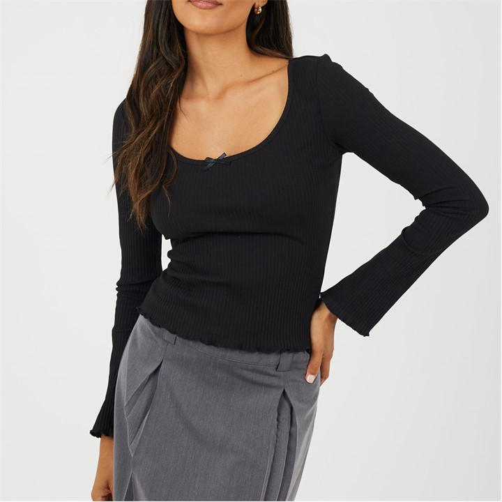 Brave Soul Women's Black Bs Long Sleeve Scoop Neck Top With Bow Detail. in Size 14, Sports Direct