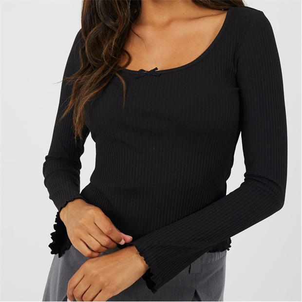 Black - Brave Soul - BS Womens Long Sleeve Scoop Neck Top with Bow Detail.